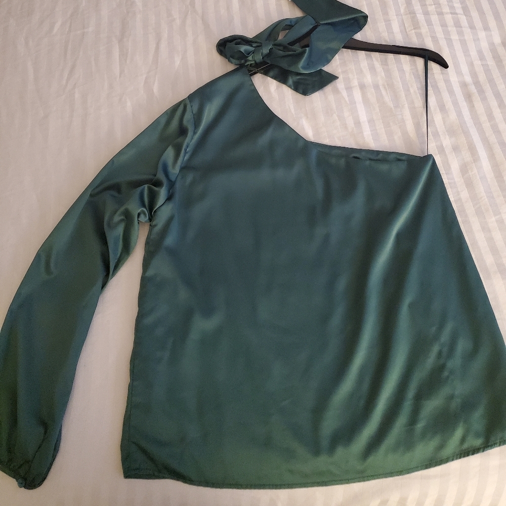 Green one shoulder satin blouse pussy bow neck tie